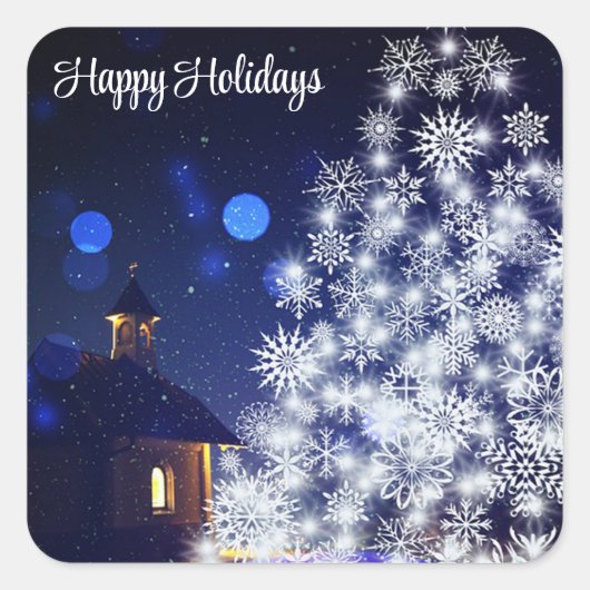 Glühender Weihnachtsbaum mit blauem Hintergrund Quadratischer Aufkleber (Vorderseite)