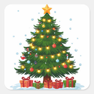 Glühender Weihnachtsbaum mit roten Geschenken daru Quadratischer Aufkleber