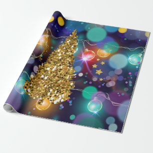Glühender Weihnachtslichter Bokeh goldener Baum Geschenkpapier