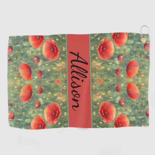 Glühendes Feld roter Mohnchen, personalisierbar Golfhandtuch (Horizontal)