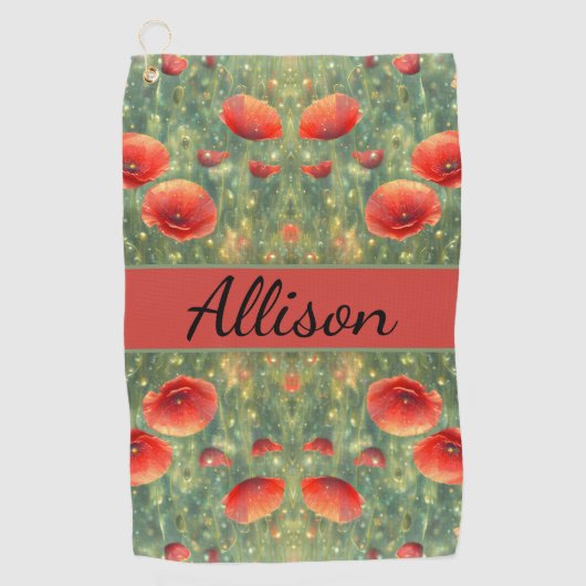 Glühendes Feld roter Mohnchen, personalisierbar Golfhandtuch (Vorderseite)