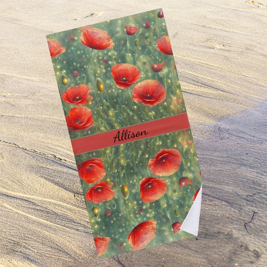 Glühendes Feld roter Mohnchen, personalisierbar Strandtuch