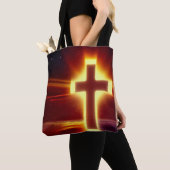 Glühendes Kreuz auf rotem Hintergrund Tote Tasche (Von Nahem)