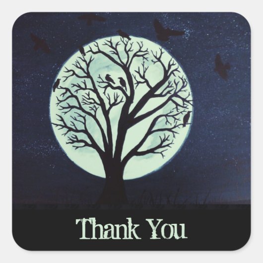 Glühendes Mondlicht mit Krähen und Bäumen Vielen D Quadratischer Aufkleber (Vorderseite)