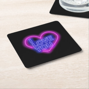 Glühendes Neon Pink Blue Valentines Herz Rechteckiger Pappuntersetzer