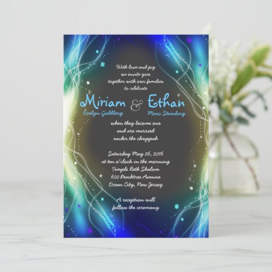 Glühendes Neon spielt jüdische Hochzeits-Einladung Einladung (Stehend Vorderseite)