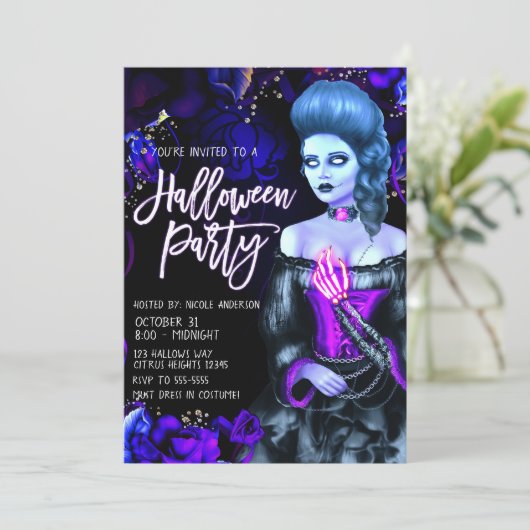 Glühendes Totes Mädchen Lila Rose Halloween-Party Einladung (Stehend Vorderseite)