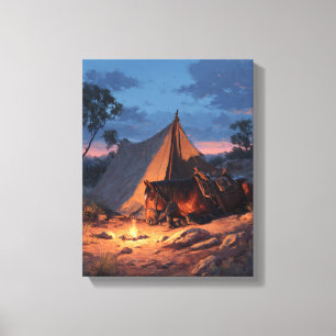 Glühendes Zelt-Campfire-Sonnenuntergangs-Gemälde Leinwanddruck