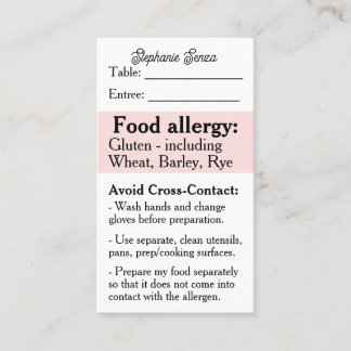 Gluten Allergy Restaurant Card, Celiac Food Safety Visitenkarte