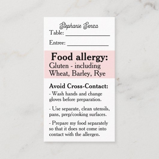 Gluten Allergy Restaurant Card, Celiac Food Safety Visitenkarte (Vorderseite)