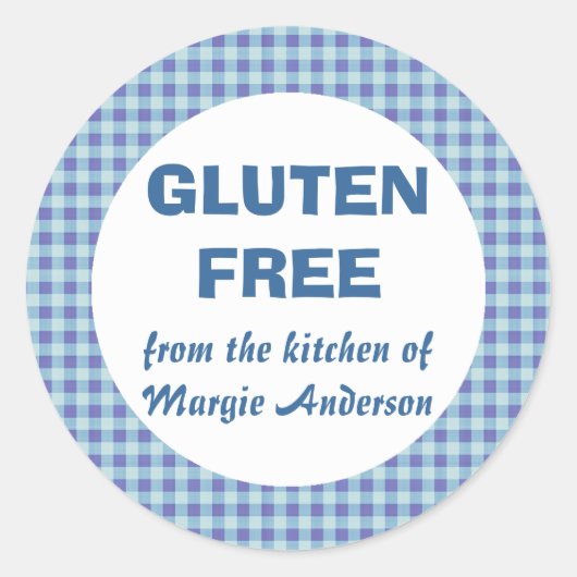 Glutenfreies Lebensmittel Blue Gingham Runder Aufkleber (Vorderseite)