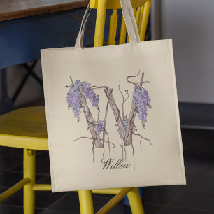 Glyzinien-Buchstabe 'W' Florales Monogramm Benutze Tragetasche