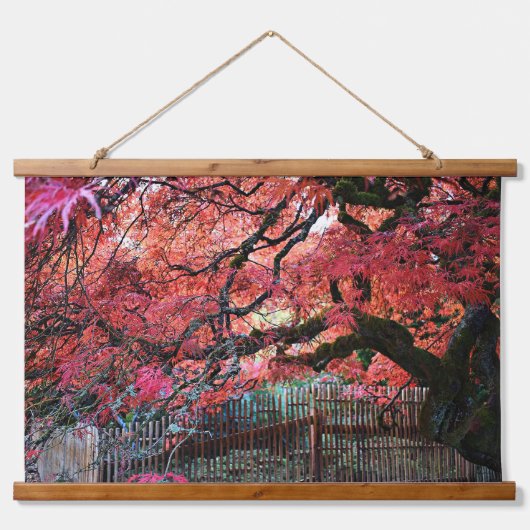 Gnarly Red Japan Maple and Bamboo Fence Wandteppich Mit Holzrahmen (Vorne)