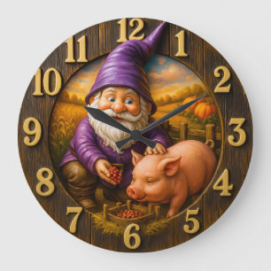 Gnom beim Füttern eines Schweins in einer Herbstla Große Wanduhr