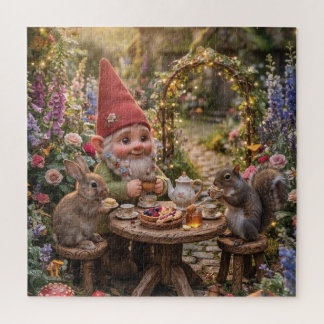 Gnom beim Teekränzchen mit Häschen und Eichhörnche Puzzle
