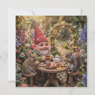 Gnom beim Teekränzchen mit Hase und Eichhörnchen Feiertagskarte