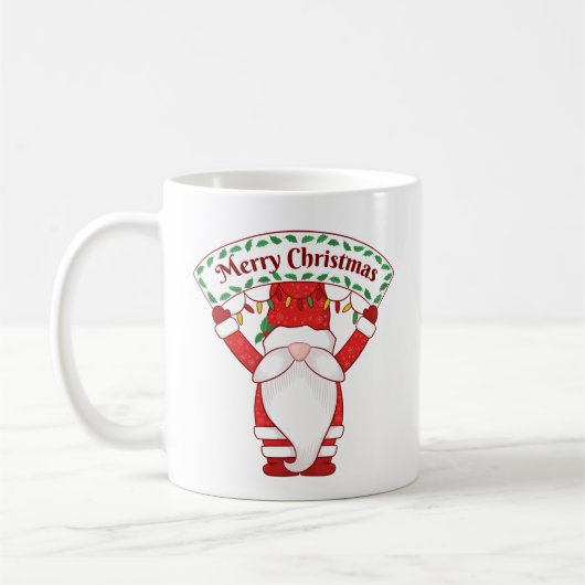 Gnom hält Weihnachtsbanner Kaffeetasse (Links)