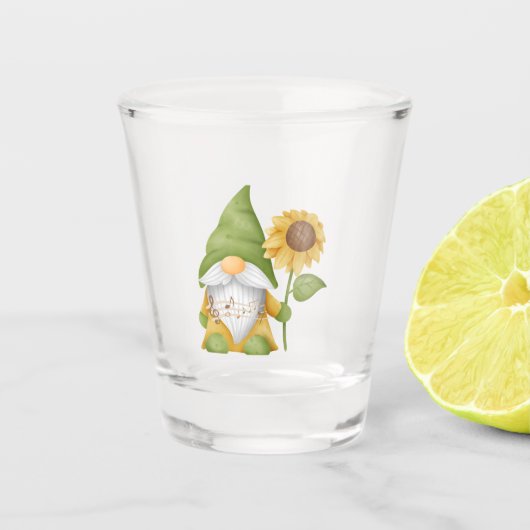Gnom mit Sonnenblume auf einem Schnapsglas (Vorderseite)