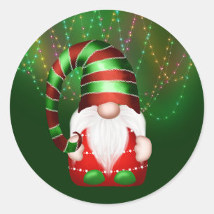 Gnom Rot Grün Gestreifte Mützenlichter Weihnachten Runder Aufkleber