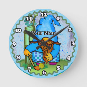 Gnom spielt Golf  Runde Wanduhr