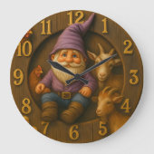 Gnome and Farm Animals in Cozy Garden Scene Große Wanduhr (Vorderseite)