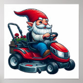 Gnome auf dem Rasenmäher mit Blume-Korb Poster (Vorne)