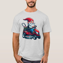 Gnome auf dem Rasenmäher mit Blume-Korb T-Shirt