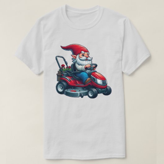 Gnome auf dem Rasenmäher mit Blume-Korb T-Shirt (Design vorne)