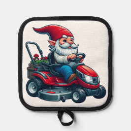 Gnome auf dem Rasenmäher mit Blume-Korb Topflappen