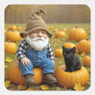 Gnome Bauer und Black Kitten On Pumpkins Quadratischer Aufkleber