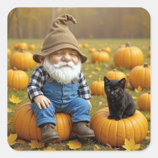 Gnome Bauer und Black Kitten On Pumpkins Quadratischer Aufkleber (Vorderseite)