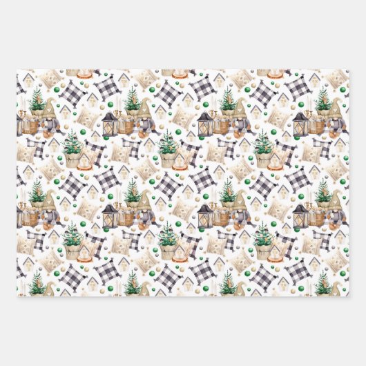 Gnome Bauernhaus Schwarz-Weiß Kariert Geschenkpapier Set (Vorderseite)