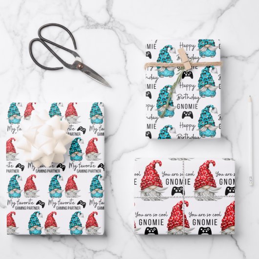 Gnome Birthday Wrapping Paper Flat Sheet Set 3 Geschenkpapier Set (Vorderseite)