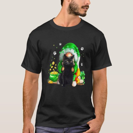 Gnome Black Cat Shamrock St Patricks Day Kitten Gi T-Shirt (Vorderseite)