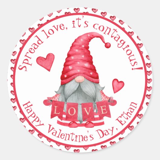 Gnome Boy with Hearts| Klassenkameraden Valentins Runder Aufkleber (Vorderseite)