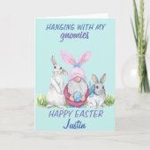 Gnome Bunny Happy Oaster Personalisierter Name Karte (Vorderseite)