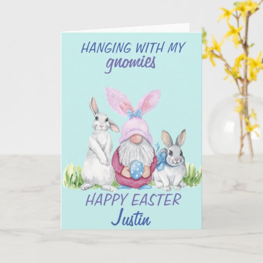 Gnome Bunny Happy Oaster Personalisierter Name Karte (Gelbe Blume)