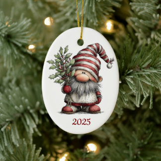 Gnome Ceramic Oval Christmas Ornament