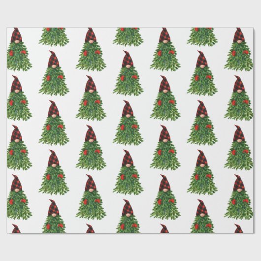 Gnome Christmas Tree Buffalo Karo Niedlicher Urlau Geschenkpapier (Flach)