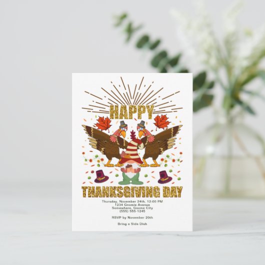 Gnome Dabbing Trukeys Erntedank Day Einladung Postkarte (Stehend Vorderseite)