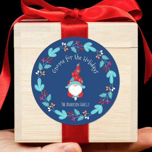 Gnome für Holidays Modern Floral Wreath Blue Runder Aufkleber