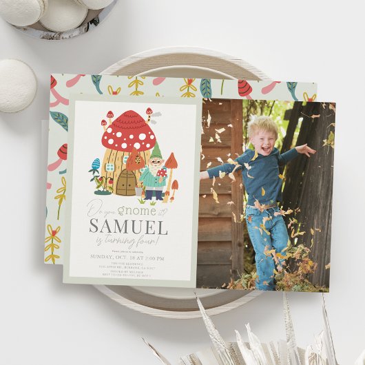 Gnome Garden Mushroom Green Kindergeburtstag Foto Einladung