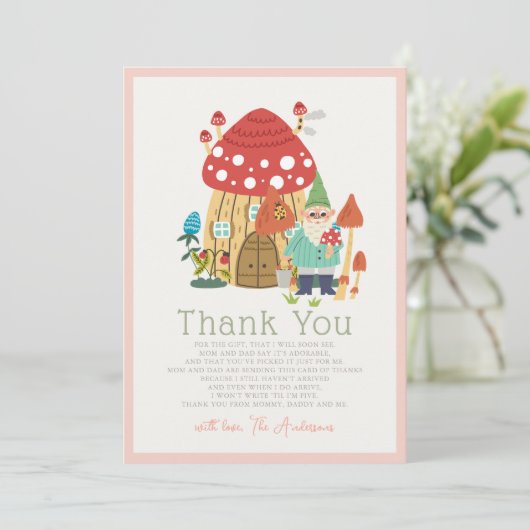Gnome Garden Mushroom Pink Girl Babydusche Dankeskarte (Stehend Vorderseite)