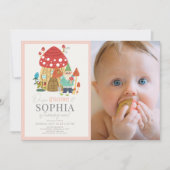 Gnome Garden Mushroom Rosa 1. Geburtstag Foto Einladung (Vorderseite)