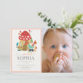 Gnome Garden Mushroom Rosa 1. Geburtstag Foto Einladung (Stehend Vorderseite)