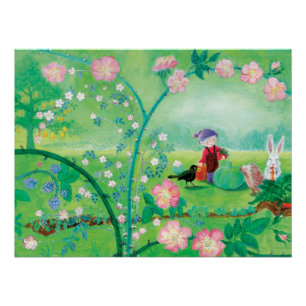 Gnome-Gärtner, Blackbird, Igel und Weißer Kaninche Poster