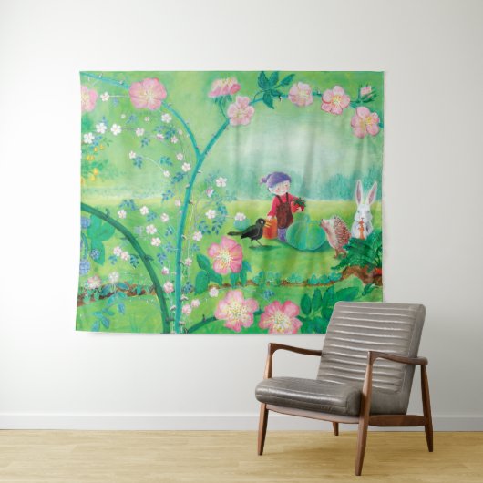 Gnome-Gärtner, Blackbird, Igel und Weißer Kaninche Wandteppich (Beispiel (Horizontal))