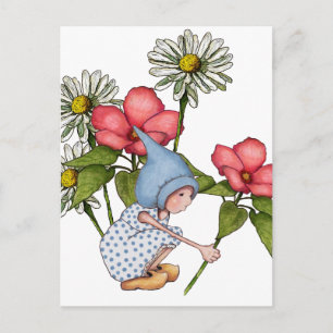 Gnome Girl Picking Blume, Fanstasy Art Postkarte