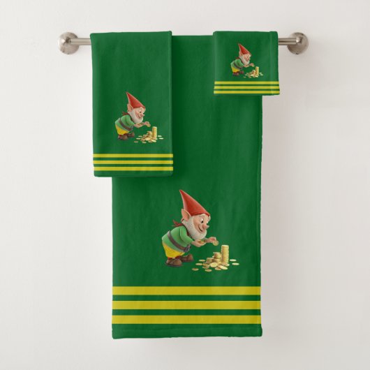 Gnome & Gold, Three Stripes on Forest Green Badhandtuch Set (Insitu)