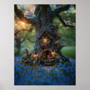Gnome-Haus in einem Baum umgeben von Bluebells Poster